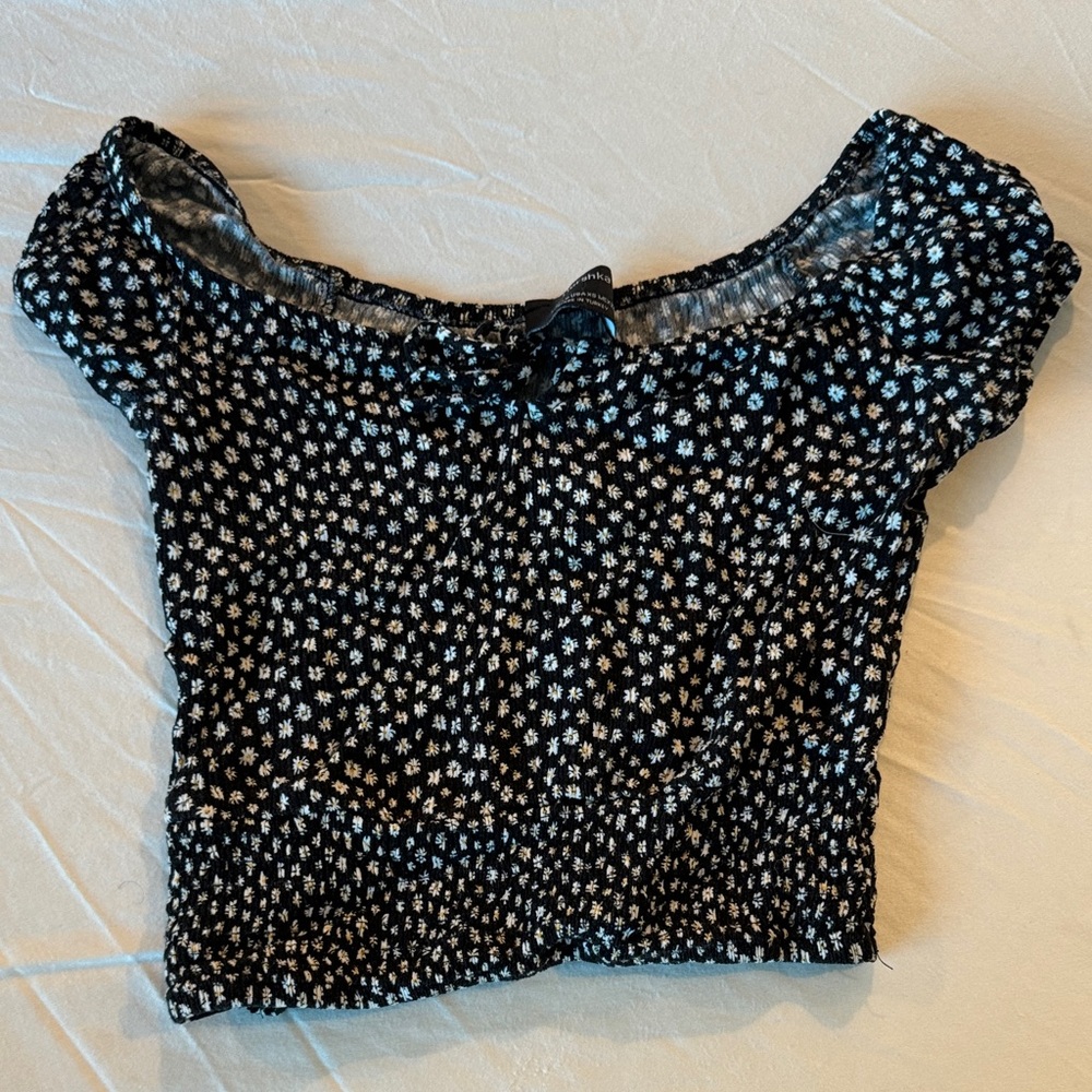 Bershka Black and White Fitted Smocked Blouse